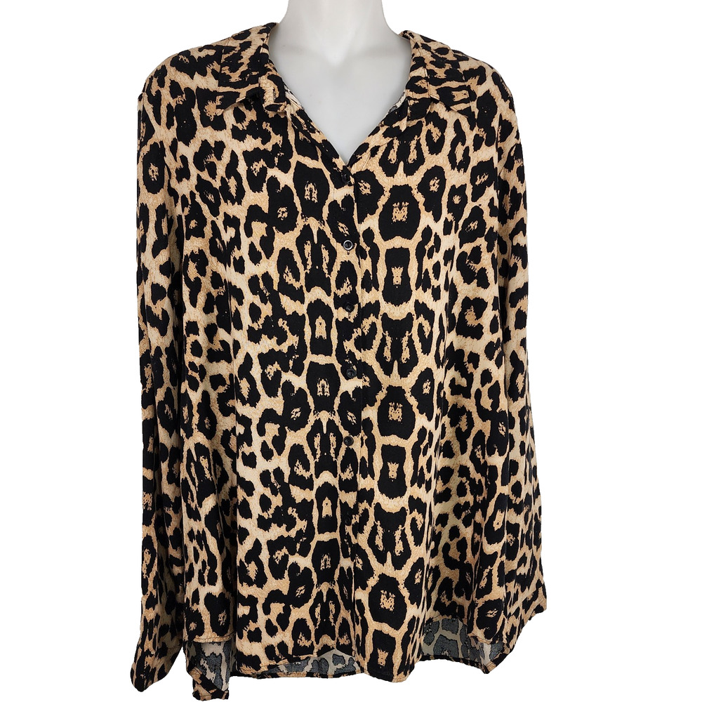 Big Dart Womens Button Down Blouse Size XXL Brown Black Animal Print Long Sleeve